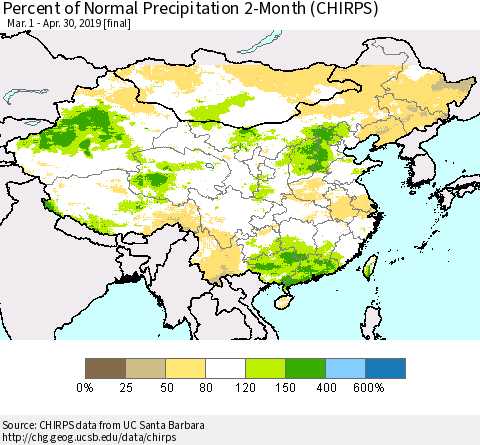 China and Taiwan Percent of Normal Precipitation 2-Month (CHIRPS) Thematic Map For 3/1/2019 - 4/30/2019
