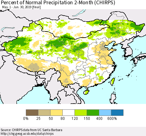 China and Taiwan Percent of Normal Precipitation 2-Month (CHIRPS) Thematic Map For 5/1/2019 - 6/30/2019