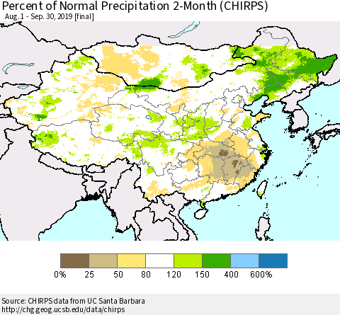 China and Taiwan Percent of Normal Precipitation 2-Month (CHIRPS) Thematic Map For 8/1/2019 - 9/30/2019