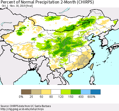 China and Taiwan Percent of Normal Precipitation 2-Month (CHIRPS) Thematic Map For 10/1/2019 - 11/30/2019
