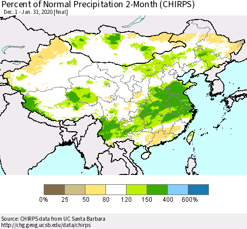China, Mongolia and Taiwan Percent of Normal Precipitation 2-Month (CHIRPS) Thematic Map For 12/1/2019 - 1/31/2020