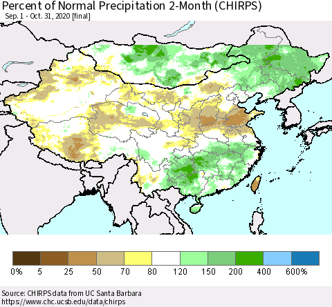 China and Taiwan Percent of Normal Precipitation 2-Month (CHIRPS) Thematic Map For 9/1/2020 - 10/31/2020
