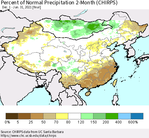 China and Taiwan Percent of Normal Precipitation 2-Month (CHIRPS) Thematic Map For 12/1/2020 - 1/31/2021