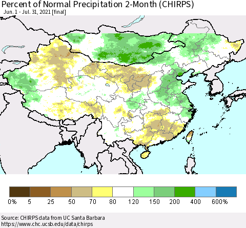 China and Taiwan Percent of Normal Precipitation 2-Month (CHIRPS) Thematic Map For 6/1/2021 - 7/31/2021