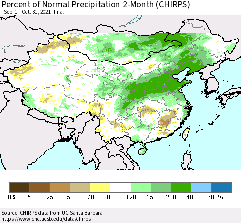 China, Mongolia and Taiwan Percent of Normal Precipitation 2-Month (CHIRPS) Thematic Map For 9/1/2021 - 10/31/2021
