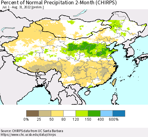 China and Taiwan Percent of Normal Precipitation 2-Month (CHIRPS) Thematic Map For 7/1/2022 - 8/31/2022