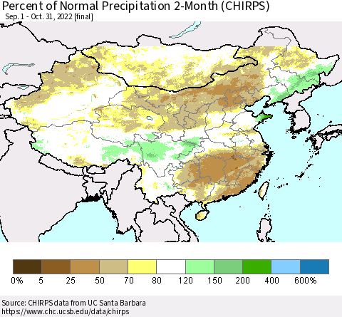 China and Taiwan Percent of Normal Precipitation 2-Month (CHIRPS) Thematic Map For 9/1/2022 - 10/31/2022