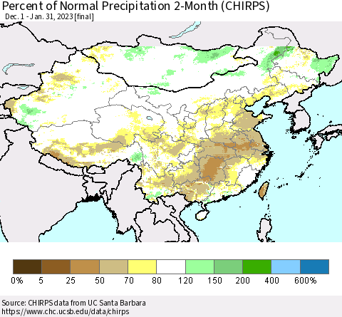 China and Taiwan Percent of Normal Precipitation 2-Month (CHIRPS) Thematic Map For 12/1/2022 - 1/31/2023