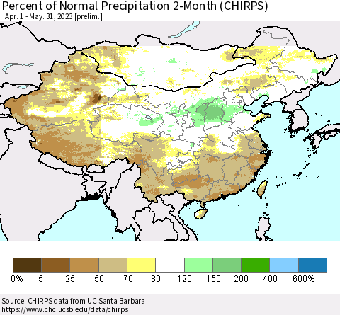 China and Taiwan Percent of Normal Precipitation 2-Month (CHIRPS) Thematic Map For 4/1/2023 - 5/31/2023