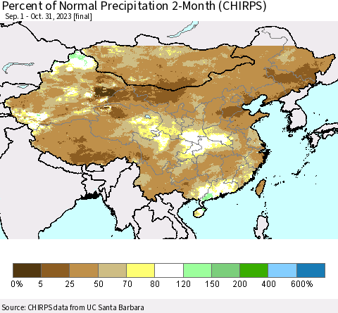 China, Mongolia and Taiwan Percent of Normal Precipitation 2-Month (CHIRPS) Thematic Map For 9/1/2023 - 10/31/2023