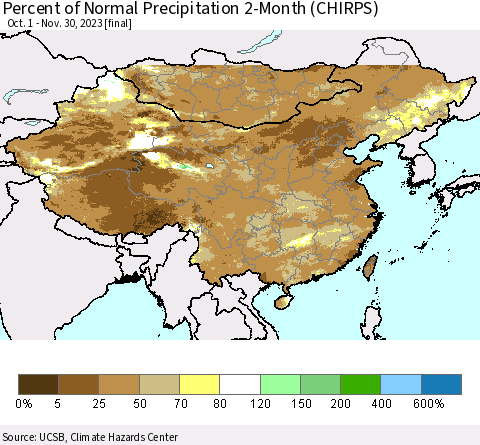China, Mongolia and Taiwan Percent of Normal Precipitation 2-Month (CHIRPS) Thematic Map For 10/1/2023 - 11/30/2023
