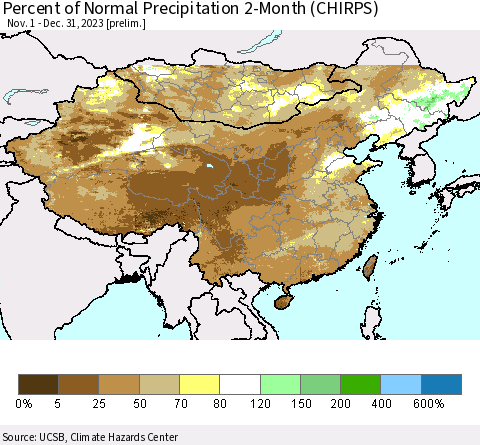 China, Mongolia and Taiwan Percent of Normal Precipitation 2-Month (CHIRPS) Thematic Map For 11/1/2023 - 12/31/2023