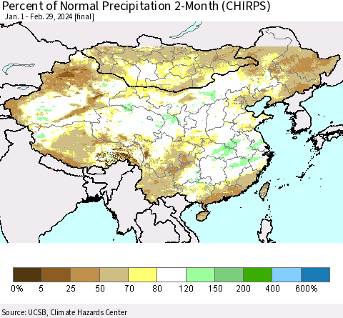 China, Mongolia and Taiwan Percent of Normal Precipitation 2-Month (CHIRPS) Thematic Map For 1/1/2024 - 2/29/2024