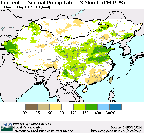 China, Mongolia and Taiwan Percent of Normal Precipitation 3-Month (CHIRPS) Thematic Map For 3/1/2018 - 5/31/2018
