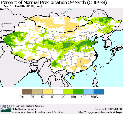 China, Mongolia and Taiwan Percent of Normal Precipitation 3-Month (CHIRPS) Thematic Map For 4/1/2018 - 6/30/2018