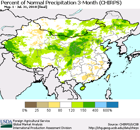China, Mongolia and Taiwan Percent of Normal Precipitation 3-Month (CHIRPS) Thematic Map For 5/1/2018 - 7/31/2018