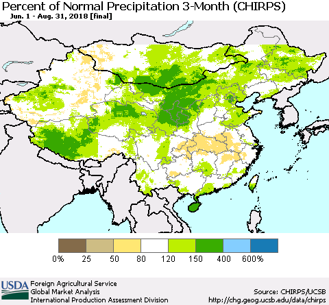 China, Mongolia and Taiwan Percent of Normal Precipitation 3-Month (CHIRPS) Thematic Map For 6/1/2018 - 8/31/2018