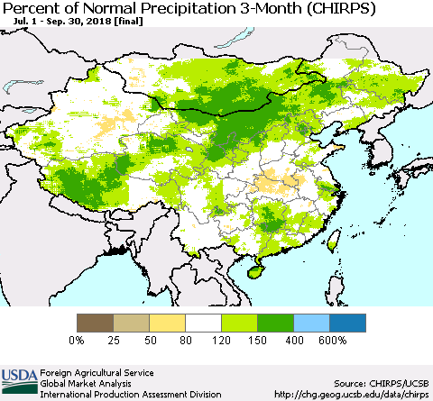 China, Mongolia and Taiwan Percent of Normal Precipitation 3-Month (CHIRPS) Thematic Map For 7/1/2018 - 9/30/2018