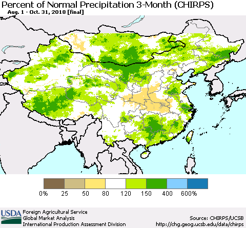 China, Mongolia and Taiwan Percent of Normal Precipitation 3-Month (CHIRPS) Thematic Map For 8/1/2018 - 10/31/2018