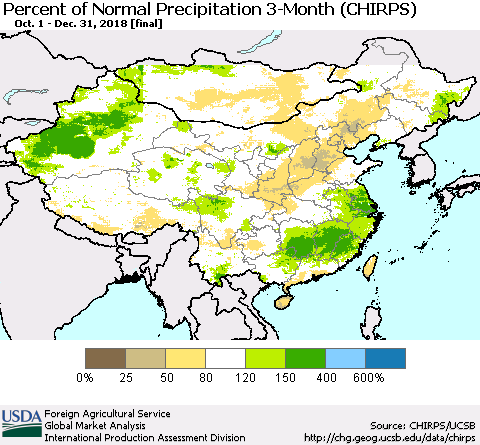 China and Taiwan Percent of Normal Precipitation 3-Month (CHIRPS) Thematic Map For 10/1/2018 - 12/31/2018