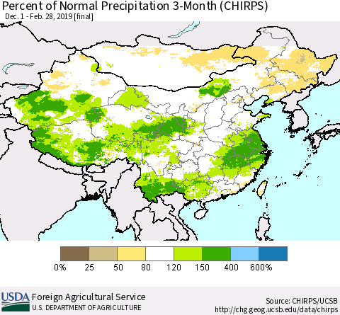 China and Taiwan Percent of Normal Precipitation 3-Month (CHIRPS) Thematic Map For 12/1/2018 - 2/28/2019