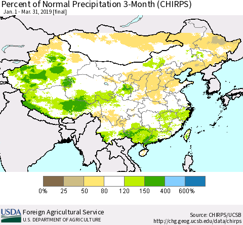 China, Mongolia and Taiwan Percent of Normal Precipitation 3-Month (CHIRPS) Thematic Map For 1/1/2019 - 3/31/2019