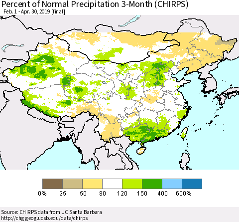 China, Mongolia and Taiwan Percent of Normal Precipitation 3-Month (CHIRPS) Thematic Map For 2/1/2019 - 4/30/2019