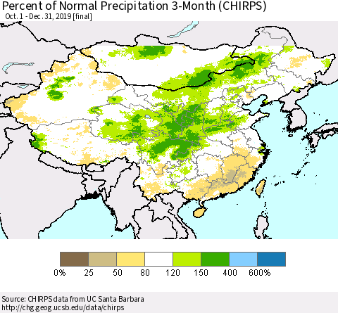 China, Mongolia and Taiwan Percent of Normal Precipitation 3-Month (CHIRPS) Thematic Map For 10/1/2019 - 12/31/2019