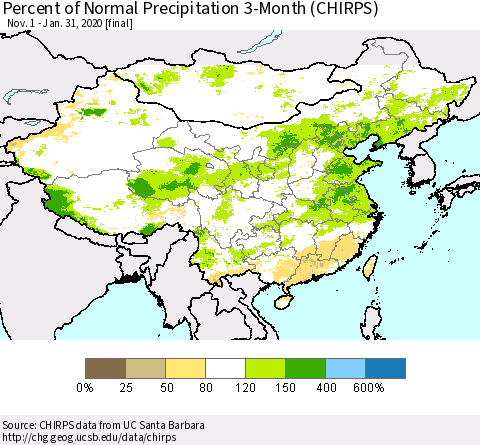 China and Taiwan Percent of Normal Precipitation 3-Month (CHIRPS) Thematic Map For 11/1/2019 - 1/31/2020