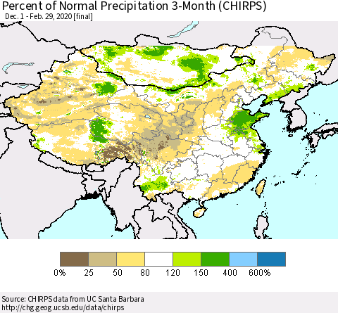 China and Taiwan Percent of Normal Precipitation 3-Month (CHIRPS) Thematic Map For 12/1/2019 - 2/29/2020