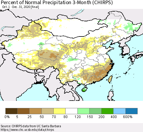 China and Taiwan Percent of Normal Precipitation 3-Month (CHIRPS) Thematic Map For 10/1/2020 - 12/31/2020