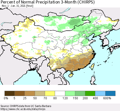 China and Taiwan Percent of Normal Precipitation 3-Month (CHIRPS) Thematic Map For 11/1/2020 - 1/31/2021