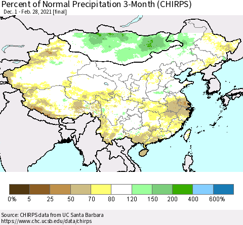China and Taiwan Percent of Normal Precipitation 3-Month (CHIRPS) Thematic Map For 12/1/2020 - 2/28/2021
