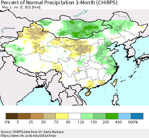 China and Taiwan Percent of Normal Precipitation 3-Month (CHIRPS) Thematic Map For 5/1/2021 - 7/31/2021