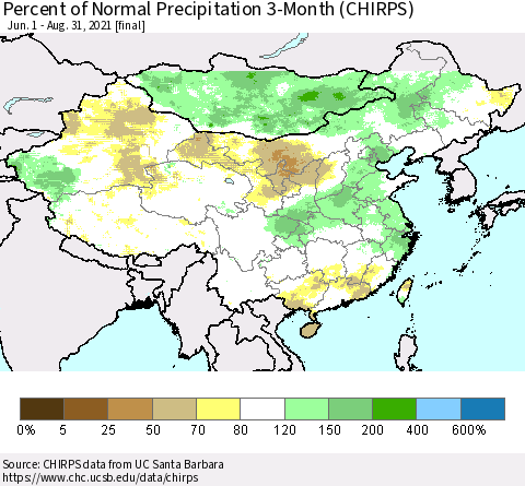 China and Taiwan Percent of Normal Precipitation 3-Month (CHIRPS) Thematic Map For 6/1/2021 - 8/31/2021
