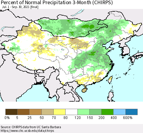 China, Mongolia and Taiwan Percent of Normal Precipitation 3-Month (CHIRPS) Thematic Map For 7/1/2021 - 9/30/2021