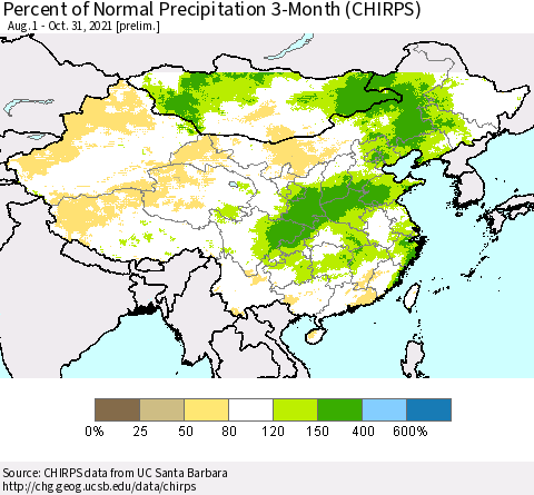 China, Mongolia and Taiwan Percent of Normal Precipitation 3-Month (CHIRPS) Thematic Map For 8/1/2021 - 10/31/2021