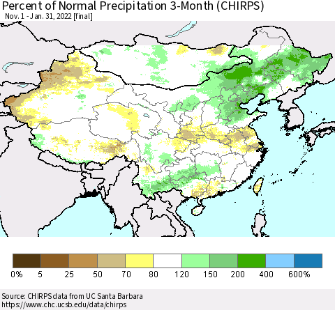 China and Taiwan Percent of Normal Precipitation 3-Month (CHIRPS) Thematic Map For 11/1/2021 - 1/31/2022