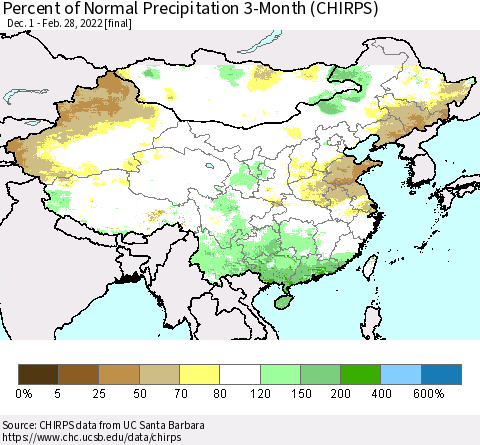 China and Taiwan Percent of Normal Precipitation 3-Month (CHIRPS) Thematic Map For 12/1/2021 - 2/28/2022