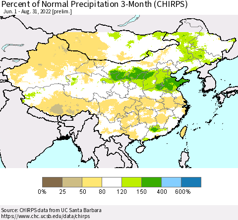 China and Taiwan Percent of Normal Precipitation 3-Month (CHIRPS) Thematic Map For 6/1/2022 - 8/31/2022