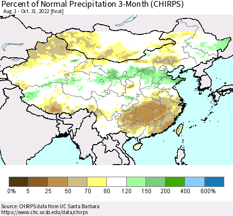 China and Taiwan Percent of Normal Precipitation 3-Month (CHIRPS) Thematic Map For 8/1/2022 - 10/31/2022