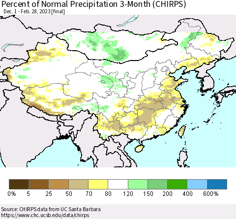 China and Taiwan Percent of Normal Precipitation 3-Month (CHIRPS) Thematic Map For 12/1/2022 - 2/28/2023