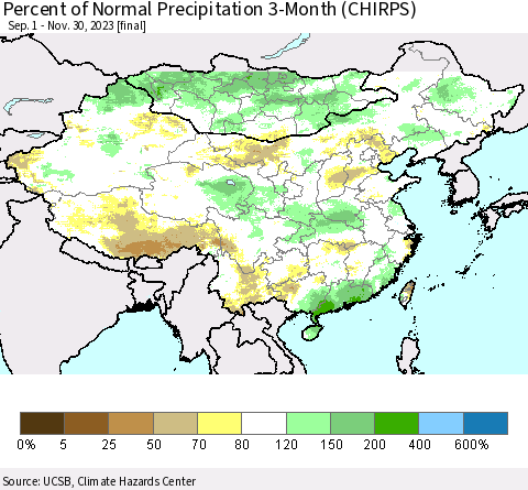 China, Mongolia and Taiwan Percent of Normal Precipitation 3-Month (CHIRPS) Thematic Map For 9/1/2023 - 11/30/2023