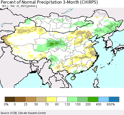 China, Mongolia and Taiwan Percent of Normal Precipitation 3-Month (CHIRPS) Thematic Map For 10/1/2023 - 12/31/2023