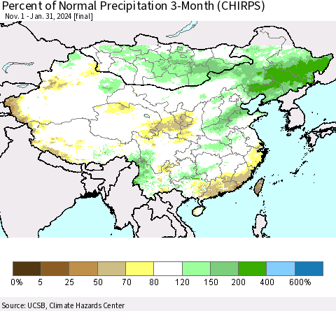 China, Mongolia and Taiwan Percent of Normal Precipitation 3-Month (CHIRPS) Thematic Map For 11/1/2023 - 1/31/2024