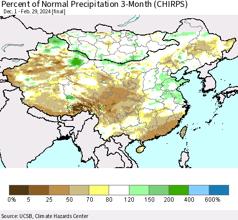 China, Mongolia and Taiwan Percent of Normal Precipitation 3-Month (CHIRPS) Thematic Map For 12/1/2023 - 2/29/2024