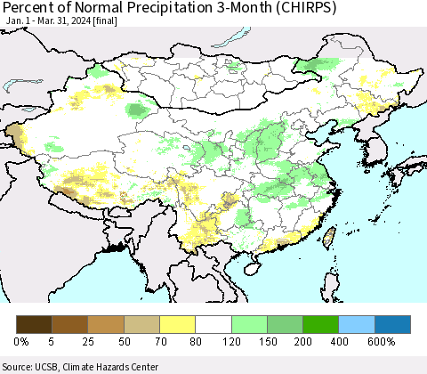 China, Mongolia and Taiwan Percent of Normal Precipitation 3-Month (CHIRPS) Thematic Map For 1/1/2024 - 3/31/2024