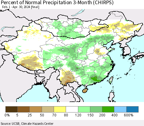 China, Mongolia and Taiwan Percent of Normal Precipitation 3-Month (CHIRPS) Thematic Map For 2/1/2024 - 4/30/2024