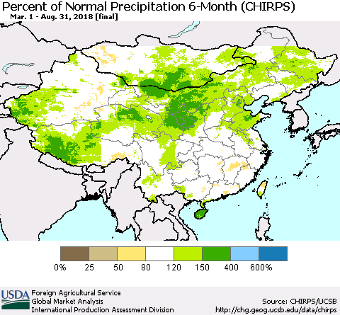 China, Mongolia and Taiwan Percent of Normal Precipitation 6-Month (CHIRPS) Thematic Map For 3/1/2018 - 8/31/2018