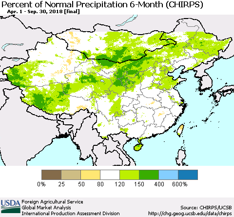 China, Mongolia and Taiwan Percent of Normal Precipitation 6-Month (CHIRPS) Thematic Map For 4/1/2018 - 9/30/2018